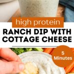 Potato chip being dipped in cottage cheese ranch dip.