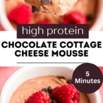 Spoonful of chocolate protein mousse being lifted from a bowl.
