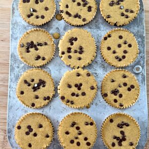 Pumpkin cottage cheese muffins with chocolate chips before baking.