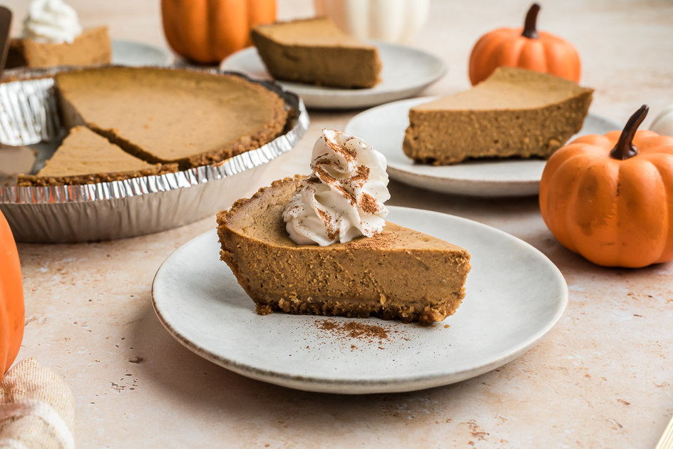 Cottage cheese pumpkin pie on a white plate.