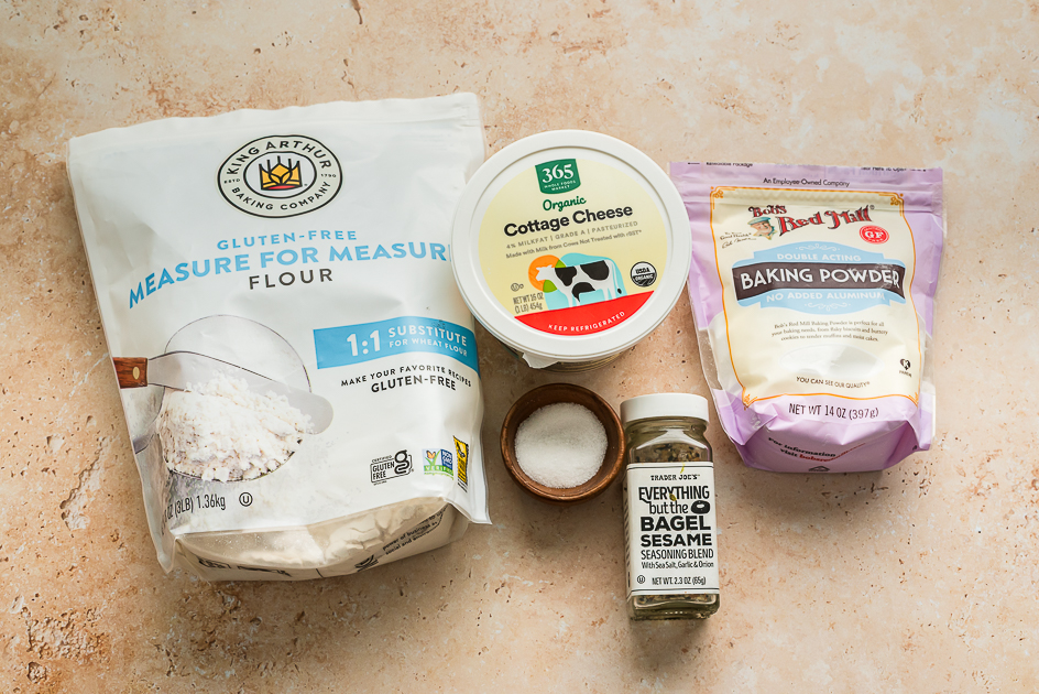 Ingredients to make gluten free cottage cheese bagels.