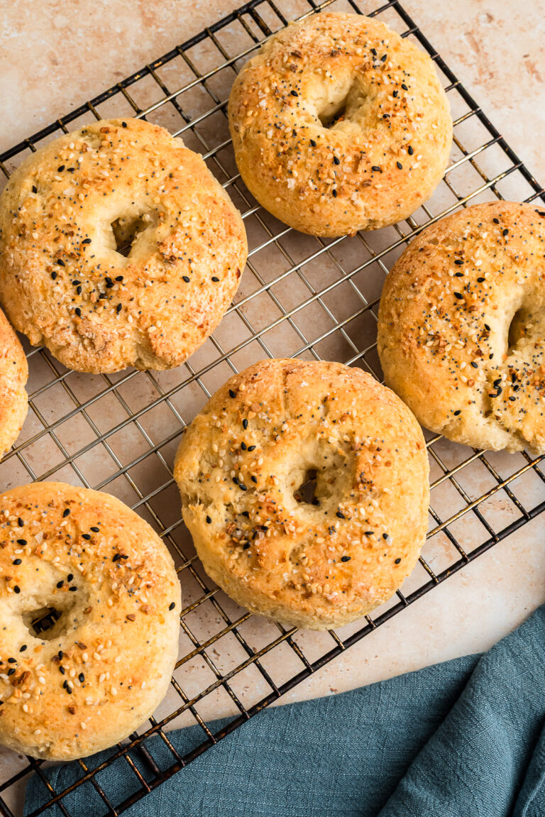 Cottage cheese everything bagel on cooling rack.