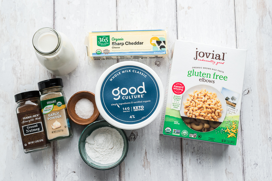 Ingredients to make cottage cheese mac and cheese.