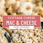 Large skillet filled with cottage cheese mac and cheese.